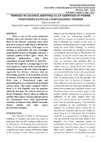 'Mimesis' in Colonial Writings As an Assertion of Power: Positioning Plato As a Postcolonial Thinker