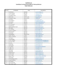 Unofficial List Candidates for General Assembly for Primary Election Email Addresses