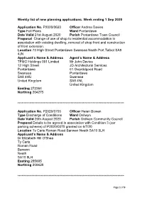Weekly List of New Planning Applications. Week Ending 1 Sep 2020