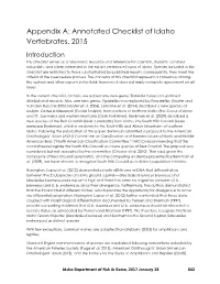 Appendix A: Annotated Checklist of Idaho Vertebrates, 2015