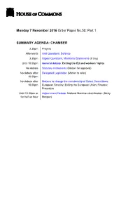 Monday 7 November 2016 Order Paper No.58: Part 1 SUMMARY