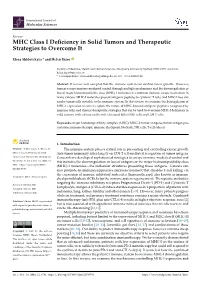 MHC Class I Deficiency in Solid Tumors and Therapeutic Strategies