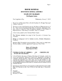 HOUSE JOURNAL SEVENTIETH GENERAL ASSEMBLY STATE of COLORADO First Regular Session