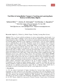 The Effect of Using Mother Tongue in Teaching and Learning Basic Science in Delta State, Nigeria