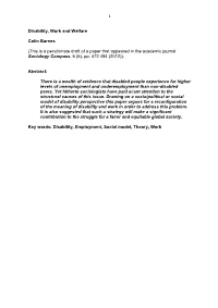 Disability, Work and Welfare Colin Barnes