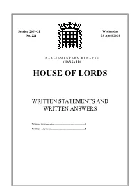 House of Lords Written Answers and Statements