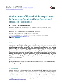 Optimization of Urban Rail Transportation in Emerging Countries Using Operational Research Techniques