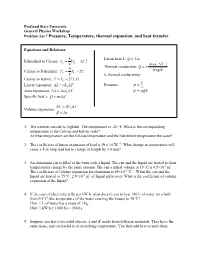 Problem Set 7 Pressure, Temperature, Thermal Expansion, and Heat Transfer