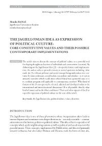 The Jagiellonian Idea As Expression of Political Culture: Core Constitutive Values and Their Possible Contemporary Implementations