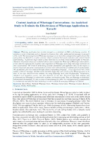 Content Analysis of Whatsapp Conversations: an Analytical Study to Evaluate the Effectiveness of Whatsapp Application in Karachi