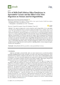 Use of Milk Fat/Cellulose Ether Emulsions in Spreadable Creams and the Eﬀect of in Vitro Digestion on Texture and Fat Digestibility