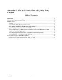 Appendix E: Wild and Scenic Rivers Eligibility Study Process Table of Contents