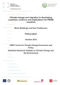 Climate Change and Migration in Developing Countries: Evidence and Implications for PRISE Countries