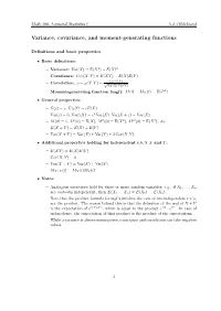 Variance, Covariance, Moment-Generating Functions: Definitions, Properties, and Practice Problems