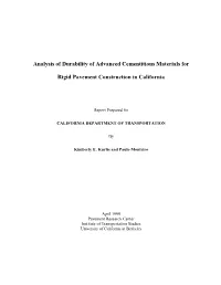 Analysis of Durability of Asvanced Cementitious Materials for Rigid