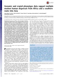 Genomic and Cranial Phenotype Data Support Multiple Modern Human Dispersals from Africa and a Southern Route Into Asia