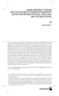 Global Apartheid, Coyotaje and the Discourse of Clandestine Migration: Distinctions Between Personal, Structural, and Cultural Violence