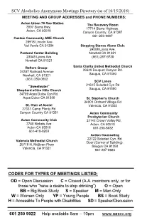 SCV Alcoholics Anonymous Meetings Directory (As of 10/15/2018) MEETING and GROUP ADDRESSES and PHONE NUMBERS
