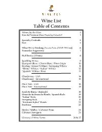 Wine List Table of Contents