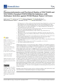 Pharmacoinformatics and Preclinical Studies of NSC765690 and NSC765599, Potential STAT3/CDK2/4/6 Inhibitors with Antitumor Activ