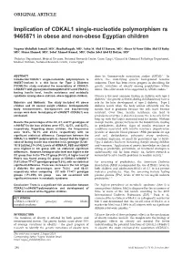 Implication of CDKAL1 Single-Nucleotide Polymorphism Rs 9465871 in Obese and Non-Obese Egyptian Children