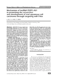 Mechanism of Lncrna FEZF1-AS1 in Promoting the Occurrence and Development of Oral Squamous Cell Carcinoma Through Targeting Mir-196A
