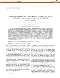 Relationship Between Biometric and Biophysical Parameters with Yield in Traditional Rice Varieties in Coastal Saline Belts of Tamil Nadu