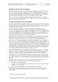 Introduction to Paul's Letter to the Romans the Origin and Character of the Church at Rome