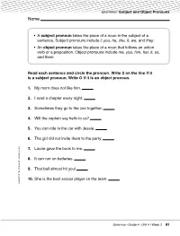Read Each Sentence and Circle the Pronoun. Write S on the Line If It Is a Subject Pronoun