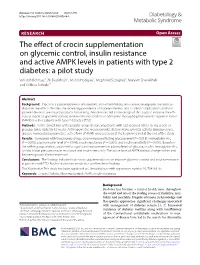 The Effect of Crocin Supplementation on Glycemic Control, Insulin