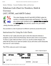 Fabulous Code Chart for Numbers, Math & Currency (ALT, HTML, And