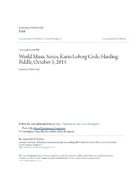World Music Series, Karin Loberg Code, Harding Fiddle, October 5, 2015 Lawrence University