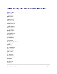 MSSF Berkeley 2012 Fair Mushroom Species List