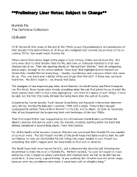 Preliminary Liner Notes; Subject to Change**