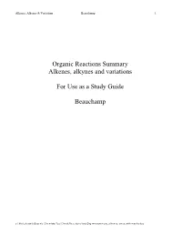 Organic Reactions Summary Alkenes, Alkynes and Variations for Use As A