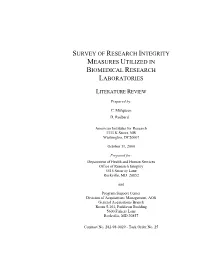 Survey of Research Integrity Measures Utilized in Biomedical Research Laboratories