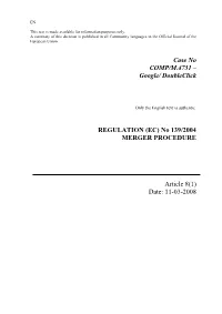 Google/ Doubleclick REGULATION (EC) No 139/2004 MERGER PROCEDURE Article 8(1)