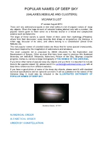 Popular Names of Deep Sky (Galaxies,Nebulae and Clusters) Viciana’S List