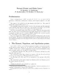 Fermat Points and Euler Lines Preliminaries 1 the Fermat
