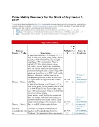 Vulnerability Summary for the Week of September 4, 2017
