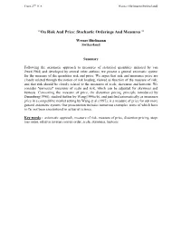 "On Risk and Price: Stochastic Orderings and Measures "