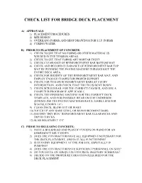 Check List for Bridge Deck Placement