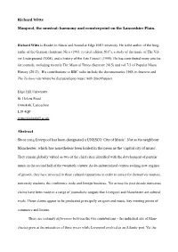 Richard Witts Manpool, the Musical: Harmony and Counterpoint on the Lancashire Plain. Richard Witts Is Reader in Music and Soun