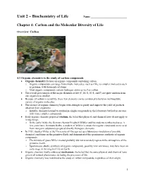 Unit 2 – Biochemistry of Life Name ______