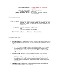 Design and Analysis of Algorithms Credits and Contact Hours: 3 Credits