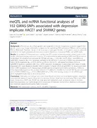 Meqtl and Ncrna Functional Analyses of 102 GWAS-Snps Associated with Depression Implicate HACE1 and SHANK2 Genes Diana M