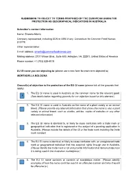 SUBMISSION to OBJECT to TERMS PROPOSED by the EUROPEAN UNION for PROTECTION AS GEOGRAPHICAL INDICATIONS in AUSTRALIA Submitter N
