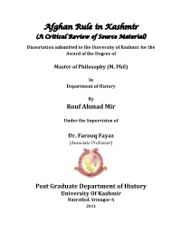 Afghan Rule in Kashmir (A Critical Review of Source Material)