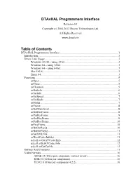 Dtavhal Programmers Interface Table of Contents