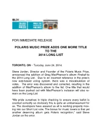 Fw POLARIS MUSIC PRIZE ADDS TITLE to the LONG LIST